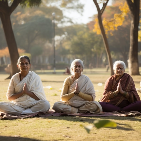 A group of old women meditating in an outdoor location with trees and sunlight