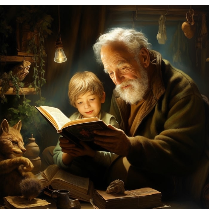 An elderly man is reading to his grandson in lamp light
