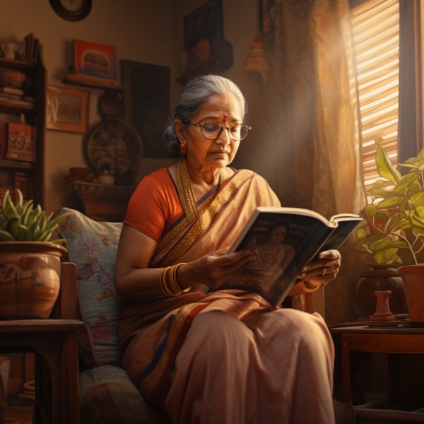 An elderly woman is sitting in her room on a chair and reading a book