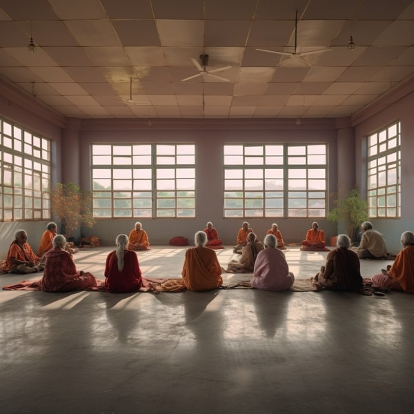 A group of elders sitting in an open room with windows practicing meditation