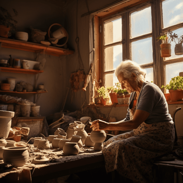 An old lady working on her hobby of crafting mud pots, as the daylight shines into the room of many of her pots