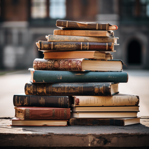 a stack of old books on a table in a room