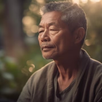 A man in deep thought seemingly meditating outdoors in the sun