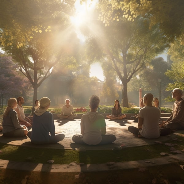 A group of elders practice meditation in a circle as the sun settles in on a park