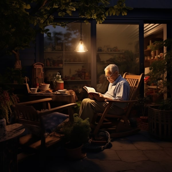 An elderly man reading a book under the light of a lamp on his balcony