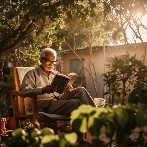 An elderly man reading a book on a chair in an outdoor setting, surrounded by nature