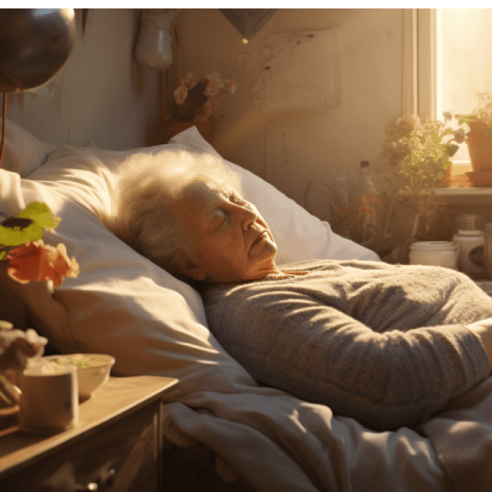 An old lady sleeping calmly on her comfortable white bed as the early morning sun shines on her face