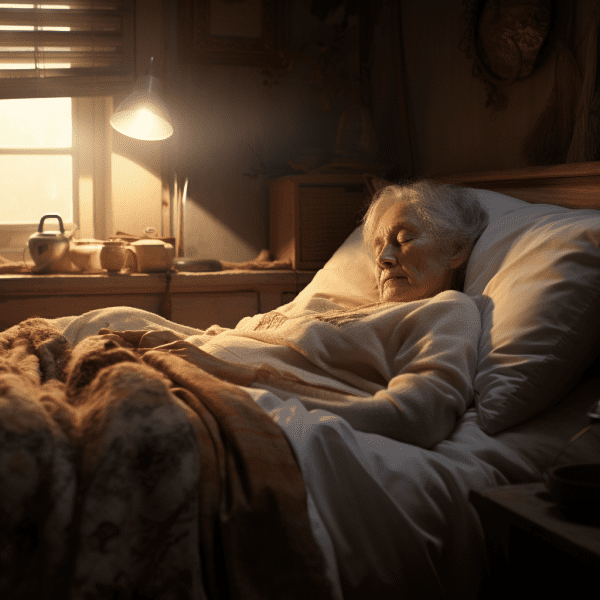 An old lady sleeping calmly on her comfortable white bed as a lamp shines light on her