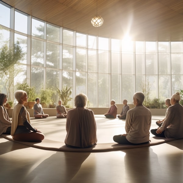 A group of elders practicing meditation in a circle indoors in a room with windows in the day