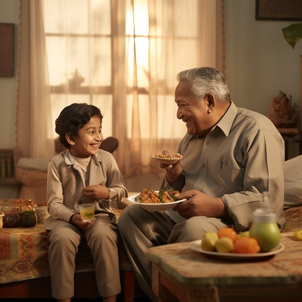 An elderly man sharing a happy moment with his grandson as they bond over a plate of fruits