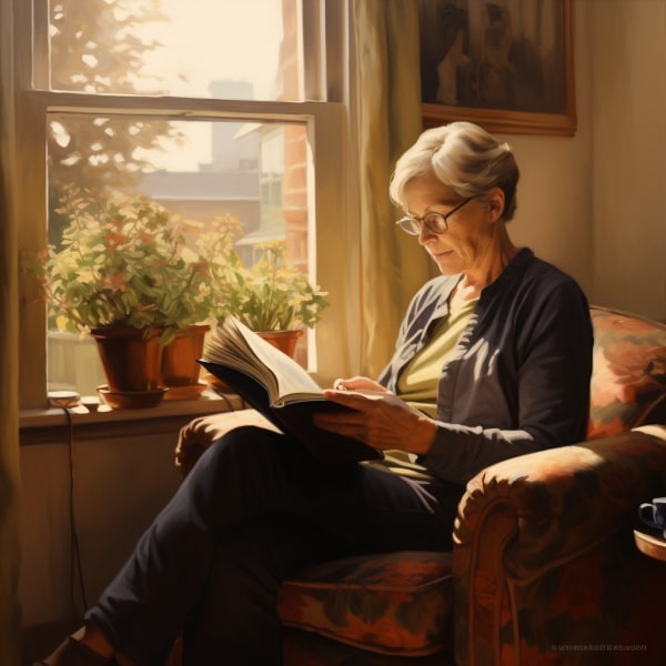 An elderly woman reading a book sitting on a chair beside a window