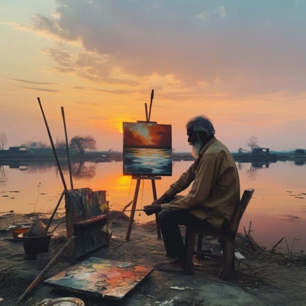 An elderly man rediscovering his hobby of painting near a waterbody