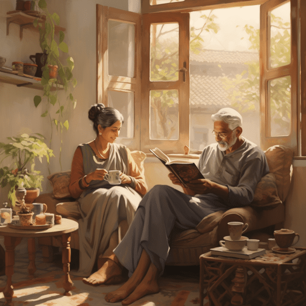 an elderly couple spending quality time together while the old man reads a book and the old woman drinks a beverage in their room near the open window