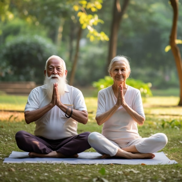 An elderly man and an elderly woman practicing meditation outdoors in a park happily