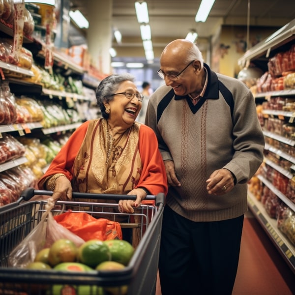 an elderly couple at a market shopping for groceries and essentials together while having a fun time