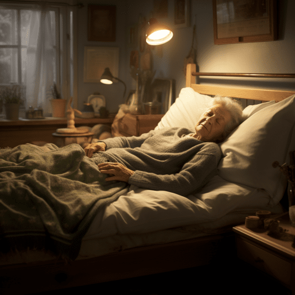 An old woman sleeping calmly and peacefully on a comfortable white bed as two lamps lighten up her room