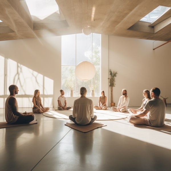 A group of elders sitting together in a circle practicing meditation in an open room with windows that have sunlight coming through them