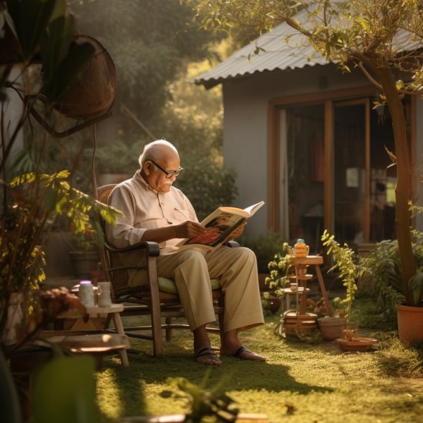 an old man reading a book in his garden sitting on a chair
