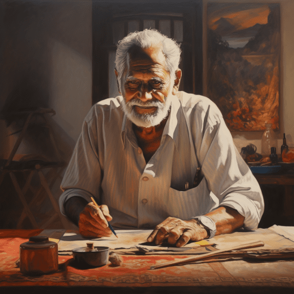 An old man working on writing on paper with a pen comfortably with no distress or discomfort