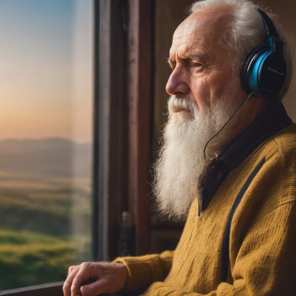 an old man looking out of a window to a vivid scenery while listening to music on his headphones