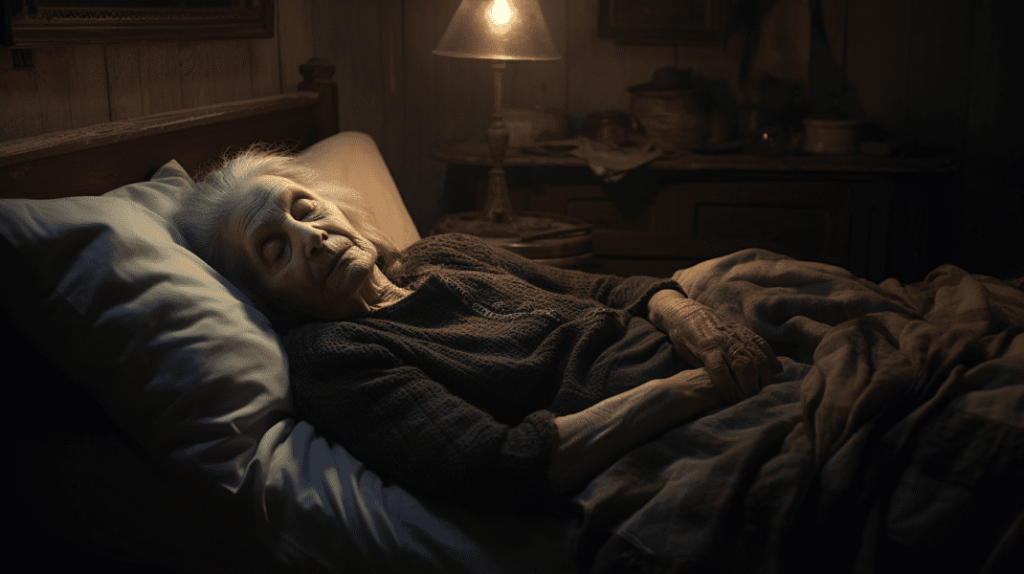 An old lady sleeping calmly and peacefully on a comfortable bed with a light bulb in her room