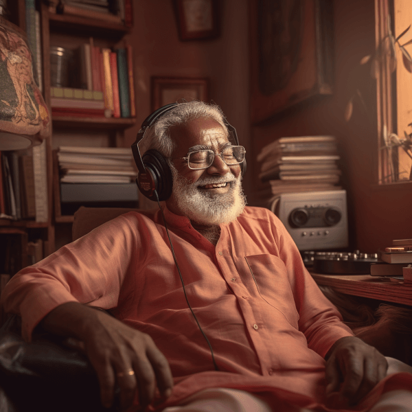 An old man enjoying the music he is listening to on his headphones with books in his background